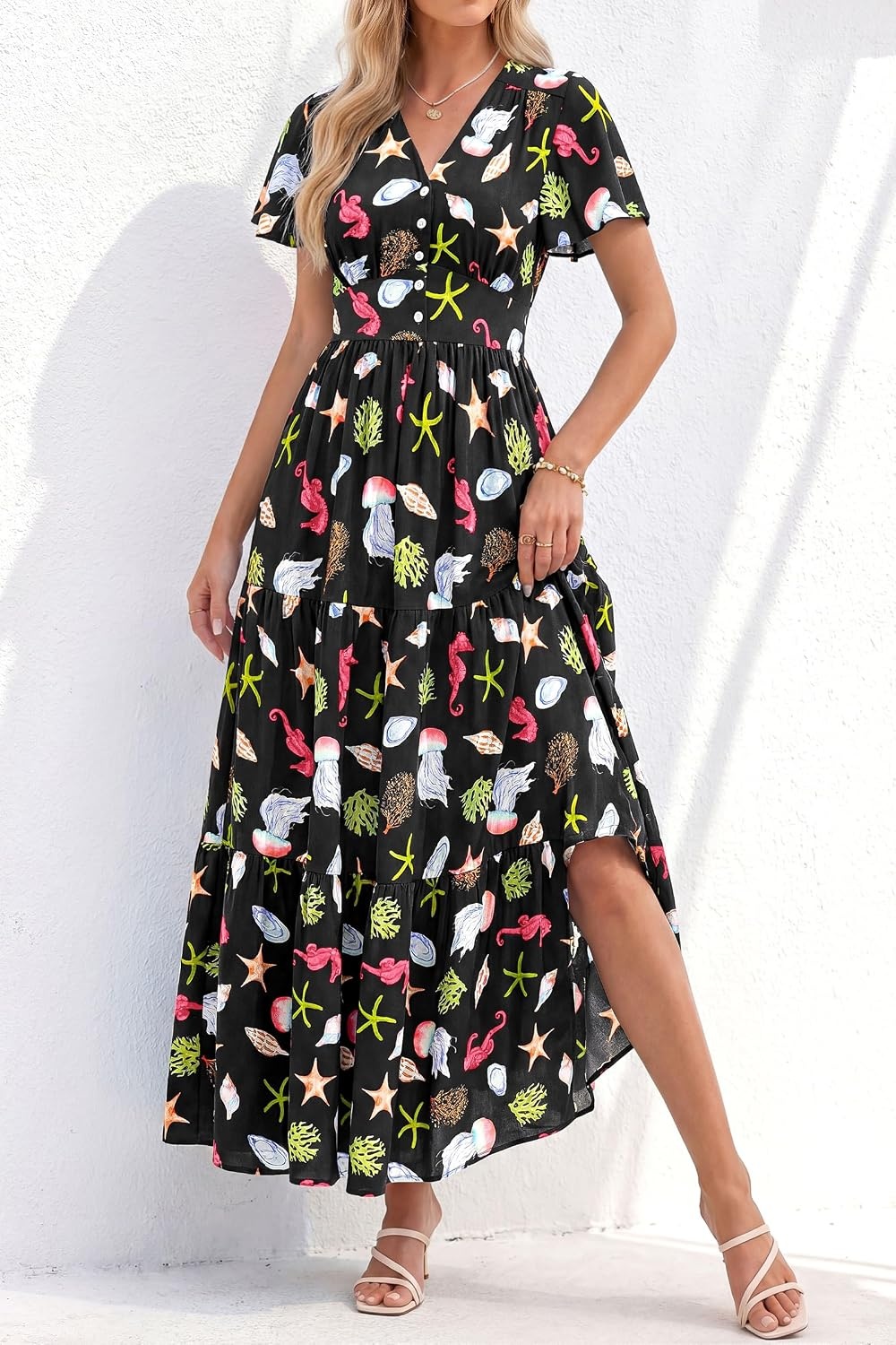 image:imagePRETTYGARDEN Women Summer Maxi Dresses 2026 Short Sleeve V Neck Button Floral Tiered Flowy Boho Sundress Beach OutfitsFloral Black Multicolored