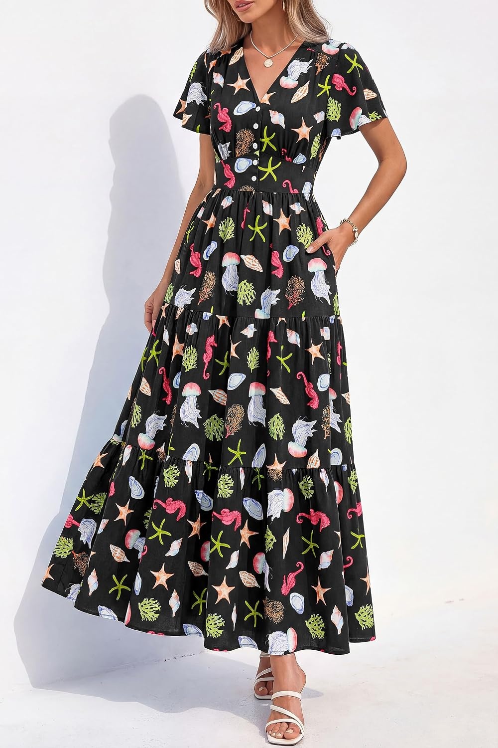 image:imagePRETTYGARDEN Women Summer Maxi Dresses 2026 Short Sleeve V Neck Button Floral Tiered Flowy Boho Sundress Beach OutfitsFloral Black Multicolored