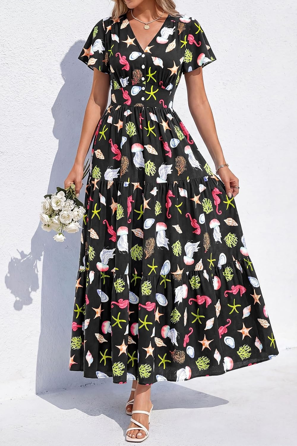 image:imagePRETTYGARDEN Women Summer Maxi Dresses 2026 Short Sleeve V Neck Button Floral Tiered Flowy Boho Sundress Beach OutfitsFloral Black Multicolored