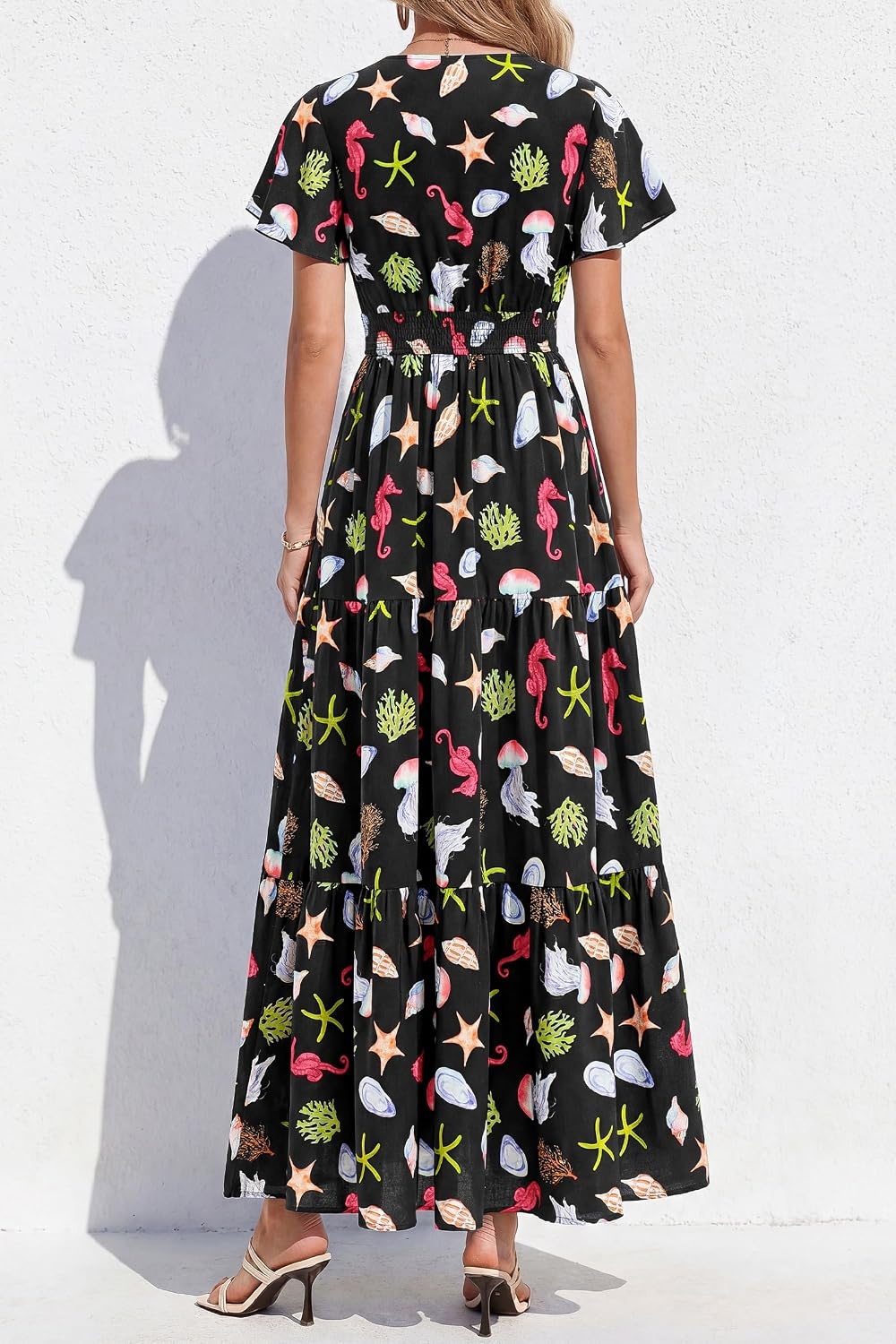 image:imagePRETTYGARDEN Women Summer Maxi Dresses 2026 Short Sleeve V Neck Button Floral Tiered Flowy Boho Sundress Beach OutfitsFloral Black Multicolored