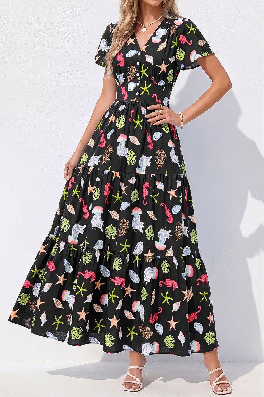 image:imagePRETTYGARDEN Women Summer Maxi Dresses 2026 Short Sleeve V Neck Button Floral Tiered Flowy Boho Sundress Beach OutfitsFloral Black Multicolored