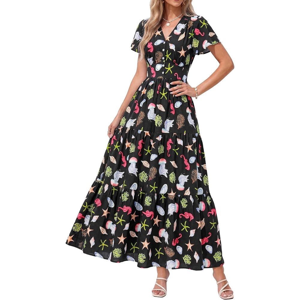 image:imagePRETTYGARDEN Women Summer Maxi Dresses 2026 Short Sleeve V Neck Button Floral Tiered Flowy Boho Sundress Beach OutfitsFloral Black Multicolored