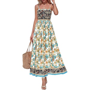 image:imagePRETTYGARDEN Summer Dresses for Women 2026 Casual Spaghetti Strap Beach Long Sundresses Boho Floral Smocked Maxi Flowy DressApricot
