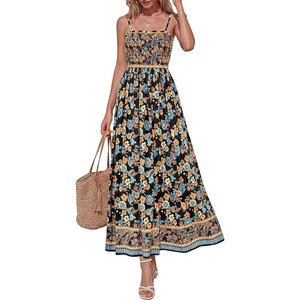 image:imagePRETTYGARDEN Summer Dresses for Women 2026 Casual Spaghetti Strap Beach Long Sundresses Boho Floral Smocked Maxi Flowy DressBlack