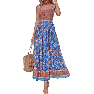 image:imagePRETTYGARDEN Summer Dresses for Women 2026 Casual Spaghetti Strap Beach Long Sundresses Boho Floral Smocked Maxi Flowy DressBlue