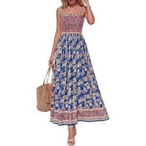 image:imagePRETTYGARDEN Summer Dresses for Women 2026 Casual Spaghetti Strap Beach Long Sundresses Boho Floral Smocked Maxi Flowy DressDark Blue