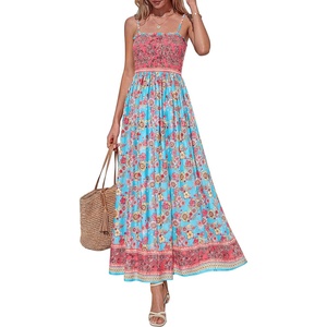 image:imagePRETTYGARDEN Summer Dresses for Women 2026 Casual Spaghetti Strap Beach Long Sundresses Boho Floral Smocked Maxi Flowy DressLight Blue