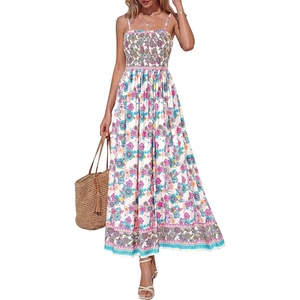 image:imagePRETTYGARDEN Summer Dresses for Women 2026 Casual Spaghetti Strap Beach Long Sundresses Boho Floral Smocked Maxi Flowy DressPink