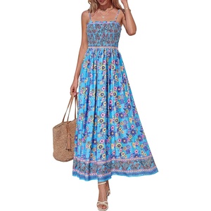 image:imagePRETTYGARDEN Summer Dresses for Women 2026 Casual Spaghetti Strap Beach Long Sundresses Boho Floral Smocked Maxi Flowy DressSky Blue