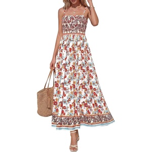 image:imagePRETTYGARDEN Summer Dresses for Women 2026 Casual Spaghetti Strap Beach Long Sundresses Boho Floral Smocked Maxi Flowy DressWhite