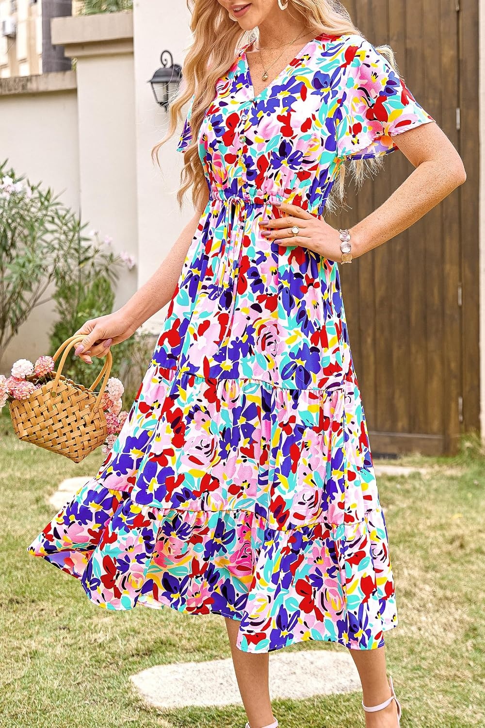 image:imagePRETTYGARDEN Floral Dress for Women 2026 Summer Casual Short Sleeve Maxi Dresses V Neck Tiered Flowy Boho Beach SundressPrint Multicolored