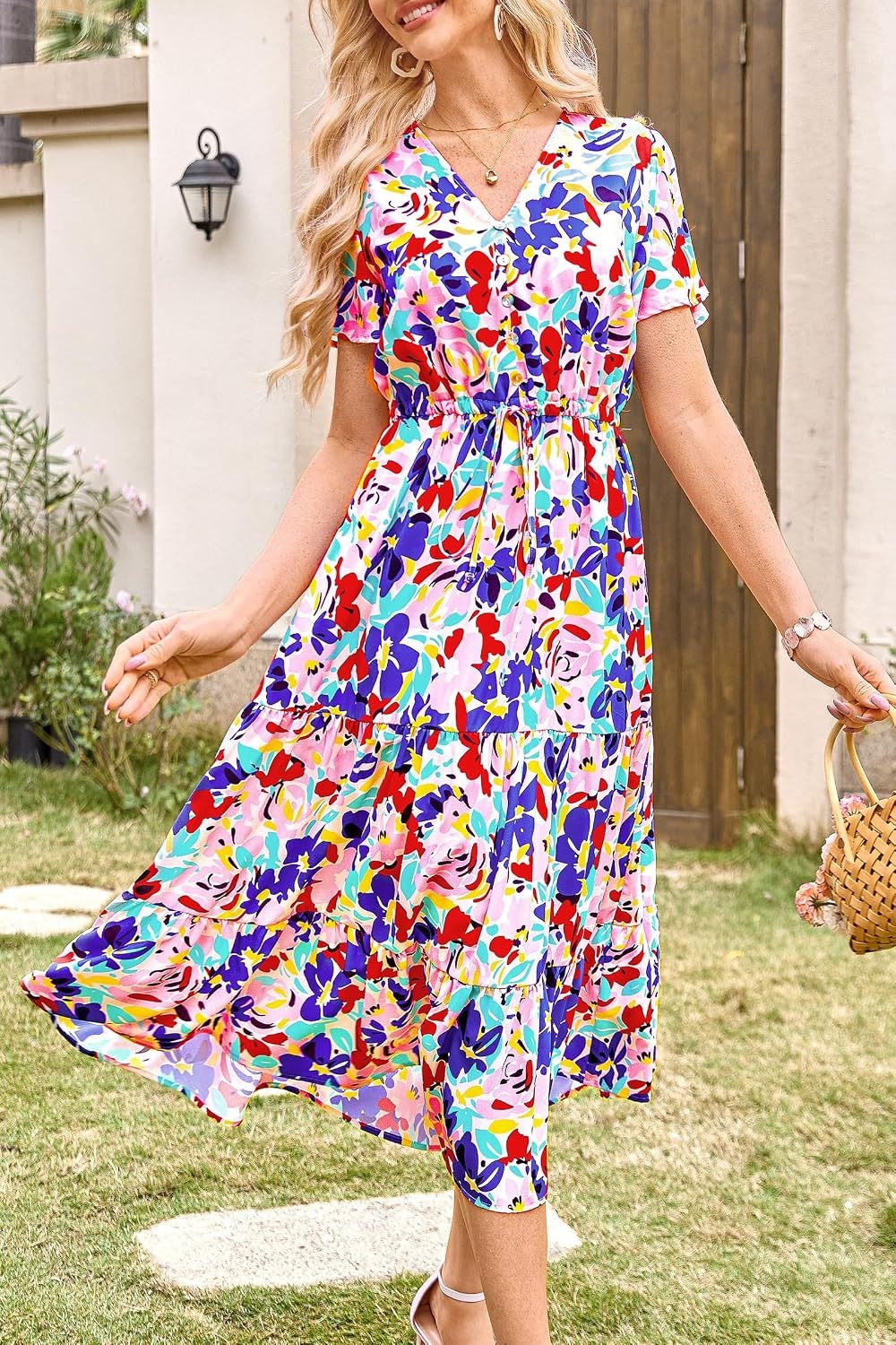 image:imagePRETTYGARDEN Floral Dress for Women 2026 Summer Casual Short Sleeve Maxi Dresses V Neck Tiered Flowy Boho Beach SundressPrint Multicolored