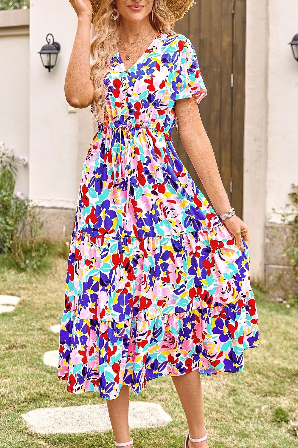 image:imagePRETTYGARDEN Floral Dress for Women 2026 Summer Casual Short Sleeve Maxi Dresses V Neck Tiered Flowy Boho Beach SundressPrint Multicolored