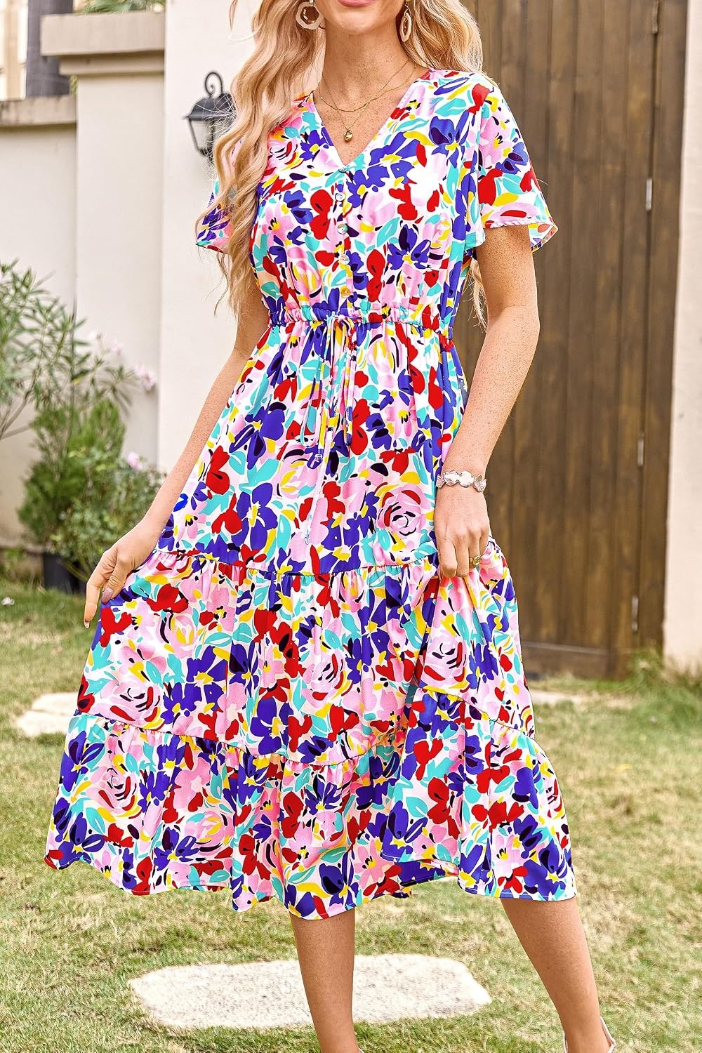 image:imagePRETTYGARDEN Floral Dress for Women 2026 Summer Casual Short Sleeve Maxi Dresses V Neck Tiered Flowy Boho Beach SundressPrint Multicolored