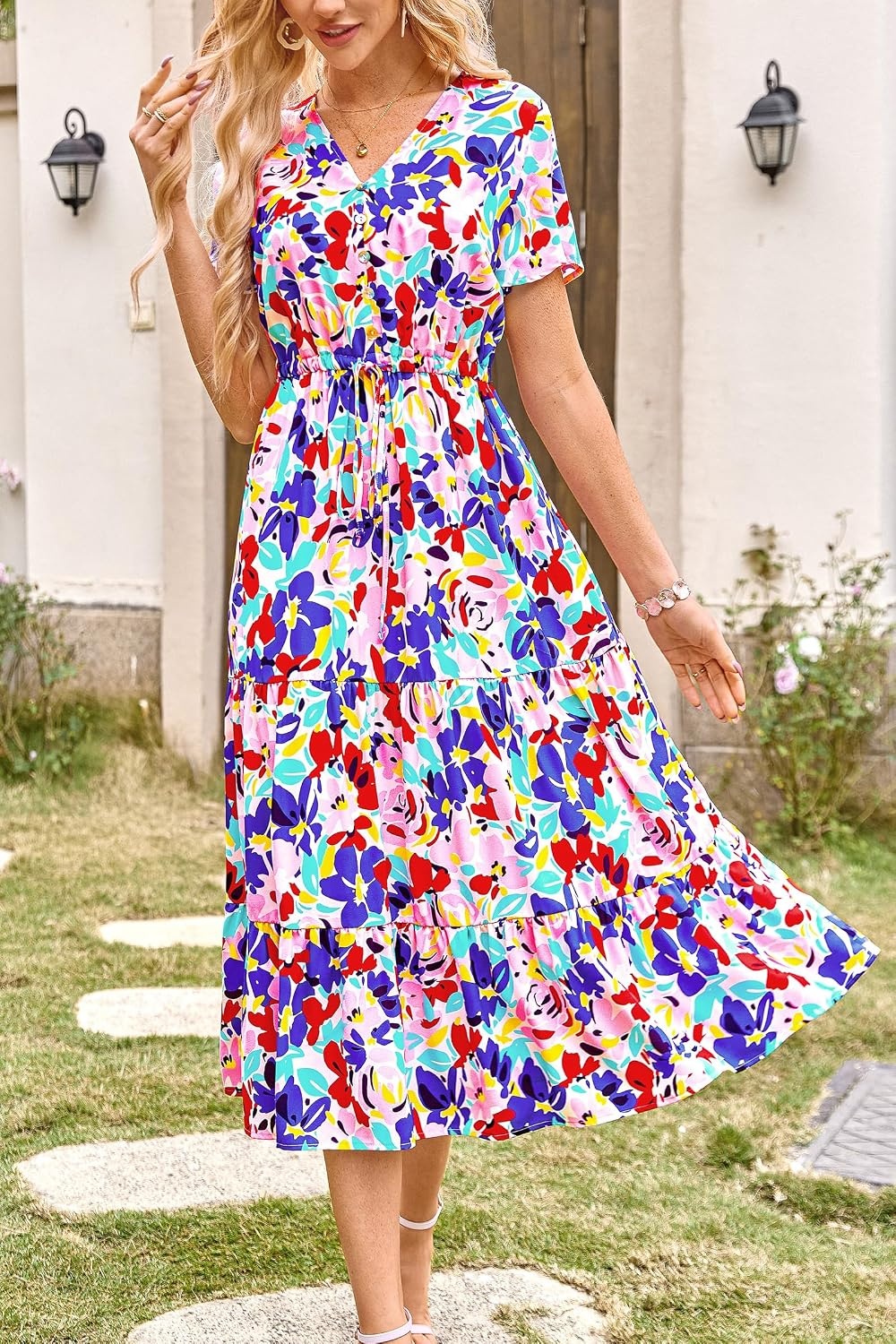 image:imagePRETTYGARDEN Floral Dress for Women 2026 Summer Casual Short Sleeve Maxi Dresses V Neck Tiered Flowy Boho Beach SundressPrint Multicolored