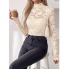 image:imagePRETTYGARDEN Womens Lace Long Sleeve Top Mesh Sheer Blouses Mock Neck See Through Slim Fitted Tops 2026 Fall Fashion ClothesApricot