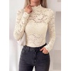image:imagePRETTYGARDEN Womens Lace Long Sleeve Top Mesh Sheer Blouses Mock Neck See Through Slim Fitted Tops 2026 Fall Fashion ClothesApricot
