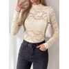 image:imagePRETTYGARDEN Womens Lace Long Sleeve Top Mesh Sheer Blouses Mock Neck See Through Slim Fitted Tops 2026 Fall Fashion ClothesApricot