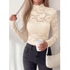 image:imagePRETTYGARDEN Womens Lace Long Sleeve Top Mesh Sheer Blouses Mock Neck See Through Slim Fitted Tops 2026 Fall Fashion ClothesApricot