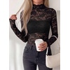 image:imagePRETTYGARDEN Womens Lace Long Sleeve Top Mesh Sheer Blouses Mock Neck See Through Slim Fitted Tops 2026 Fall Fashion ClothesBlack