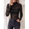 image:imagePRETTYGARDEN Womens Lace Long Sleeve Top Mesh Sheer Blouses Mock Neck See Through Slim Fitted Tops 2026 Fall Fashion ClothesBlack