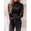 image:imagePRETTYGARDEN Womens Lace Long Sleeve Top Mesh Sheer Blouses Mock Neck See Through Slim Fitted Tops 2026 Fall Fashion ClothesBlack