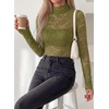 image:imagePRETTYGARDEN Womens Lace Long Sleeve Top Mesh Sheer Blouses Mock Neck See Through Slim Fitted Tops 2026 Fall Fashion ClothesGreen