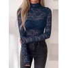 image:imagePRETTYGARDEN Womens Lace Long Sleeve Top Mesh Sheer Blouses Mock Neck See Through Slim Fitted Tops 2026 Fall Fashion ClothesNavy Blue