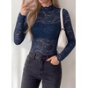 image:imagePRETTYGARDEN Womens Lace Long Sleeve Top Mesh Sheer Blouses Mock Neck See Through Slim Fitted Tops 2026 Fall Fashion ClothesNavy Blue
