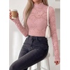 image:imagePRETTYGARDEN Womens Lace Long Sleeve Top Mesh Sheer Blouses Mock Neck See Through Slim Fitted Tops 2026 Fall Fashion ClothesPink