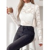 image:imagePRETTYGARDEN Womens Lace Long Sleeve Top Mesh Sheer Blouses Mock Neck See Through Slim Fitted Tops 2026 Fall Fashion ClothesWhite