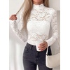 image:imagePRETTYGARDEN Womens Lace Long Sleeve Top Mesh Sheer Blouses Mock Neck See Through Slim Fitted Tops 2026 Fall Fashion ClothesWhite