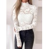 image:imagePRETTYGARDEN Womens Lace Long Sleeve Top Mesh Sheer Blouses Mock Neck See Through Slim Fitted Tops 2026 Fall Fashion ClothesWhite