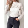 image:imagePRETTYGARDEN Womens Lace Long Sleeve Top Mesh Sheer Blouses Mock Neck See Through Slim Fitted Tops 2026 Fall Fashion ClothesWhite