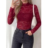 image:imagePRETTYGARDEN Womens Lace Long Sleeve Top Mesh Sheer Blouses Mock Neck See Through Slim Fitted Tops 2026 Fall Fashion ClothesWine Red