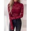 image:imagePRETTYGARDEN Womens Lace Long Sleeve Top Mesh Sheer Blouses Mock Neck See Through Slim Fitted Tops 2026 Fall Fashion ClothesWine Red