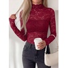 image:imagePRETTYGARDEN Womens Lace Long Sleeve Top Mesh Sheer Blouses Mock Neck See Through Slim Fitted Tops 2026 Fall Fashion ClothesWine Red