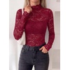 image:imagePRETTYGARDEN Womens Lace Long Sleeve Top Mesh Sheer Blouses Mock Neck See Through Slim Fitted Tops 2026 Fall Fashion ClothesWine Red