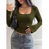 image:imagePRETTYGARDEN Womens Long Bell Sleeve Going Out Tops Fall Fashion 2026 Square Neck Ruched Ribbed Shirts Winter Y2K ClothesArmy Green