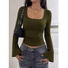 image:imagePRETTYGARDEN Womens Long Bell Sleeve Going Out Tops Fall Fashion 2026 Square Neck Ruched Ribbed Shirts Winter Y2K ClothesArmy Green