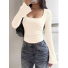 image:imagePRETTYGARDEN Womens Long Bell Sleeve Going Out Tops Fall Fashion 2026 Square Neck Ruched Ribbed Shirts Winter Y2K ClothesBeige