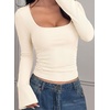 image:imagePRETTYGARDEN Womens Long Bell Sleeve Going Out Tops Fall Fashion 2026 Square Neck Ruched Ribbed Shirts Winter Y2K ClothesBeige