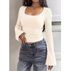image:imagePRETTYGARDEN Womens Long Bell Sleeve Going Out Tops Fall Fashion 2026 Square Neck Ruched Ribbed Shirts Winter Y2K ClothesBeige