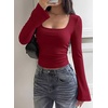image:imagePRETTYGARDEN Womens Long Bell Sleeve Going Out Tops Fall Fashion 2026 Square Neck Ruched Ribbed Shirts Winter Y2K ClothesBurgundy