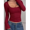 image:imagePRETTYGARDEN Womens Long Bell Sleeve Going Out Tops Fall Fashion 2026 Square Neck Ruched Ribbed Shirts Winter Y2K ClothesBurgundy