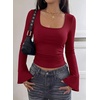 image:imagePRETTYGARDEN Womens Long Bell Sleeve Going Out Tops Fall Fashion 2026 Square Neck Ruched Ribbed Shirts Winter Y2K ClothesBurgundy
