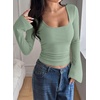 image:imagePRETTYGARDEN Womens Long Bell Sleeve Going Out Tops Fall Fashion 2026 Square Neck Ruched Ribbed Shirts Winter Y2K ClothesSage Green