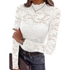 image:imagePRETTYGARDEN Womens Lace Long Sleeve Top Mesh Sheer Blouses Mock Neck See Through Slim Fitted Tops 2026 Fall Fashion ClothesWhite
