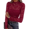 image:imagePRETTYGARDEN Womens Lace Long Sleeve Top Mesh Sheer Blouses Mock Neck See Through Slim Fitted Tops 2026 Fall Fashion ClothesWine Red