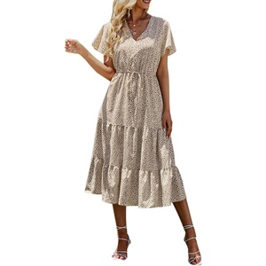 image:imagePRETTYGARDEN Floral Dress for Women 2026 Summer Casual Short Sleeve Maxi Dresses V Neck Tiered Flowy Boho Beach SundressApricot Leopard